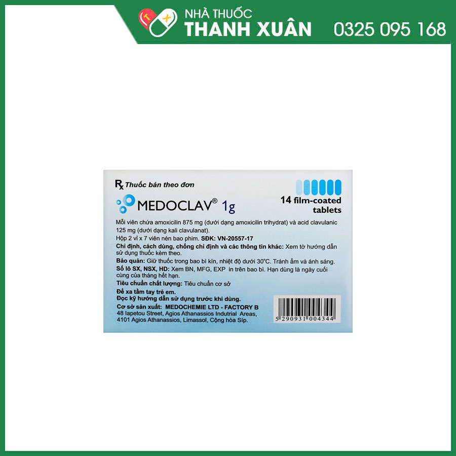Medoclav 1g thuốc kháng sinh điều trị ngắn hạn các trường hợp nhiễm khuẩn do vi khuẩn nhạy cảm
